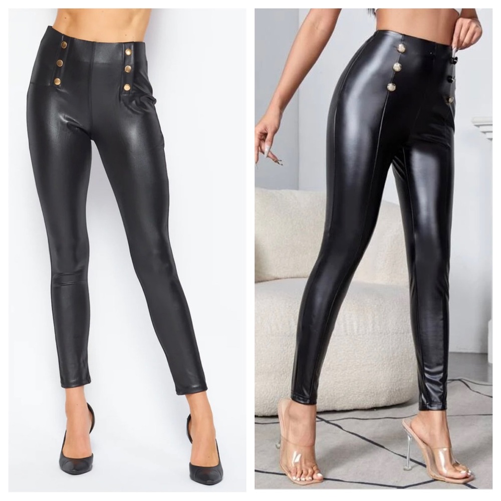 Fabulous Faux Leather Skinny High Waist Sailor 6 Button Ankle Leggings